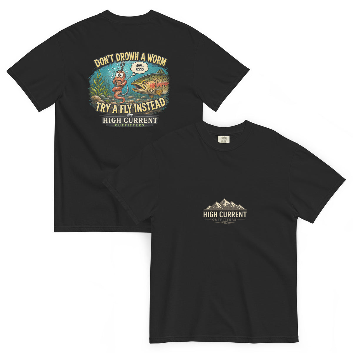 Black River Crew Worm fishing T-shirt with trout and worm graphic, front and back view