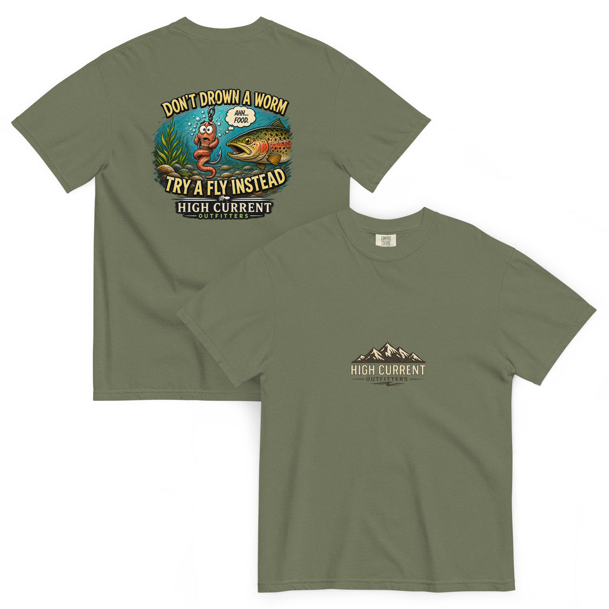 Moss River Crew Worm fishing T-shirt with trout and worm graphic
