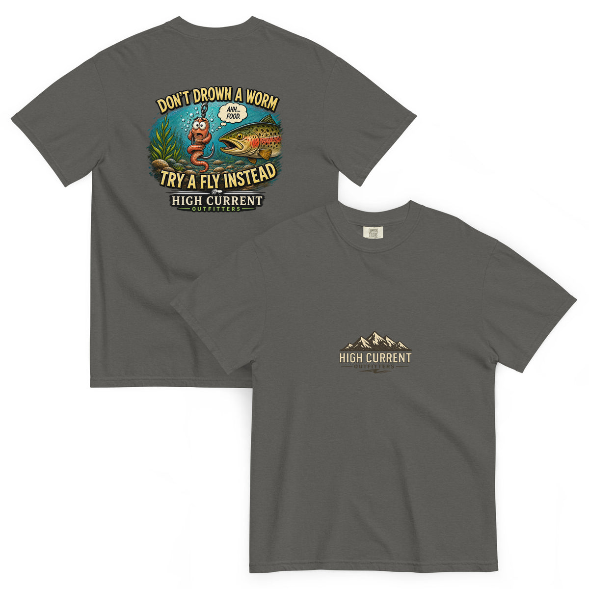 Pepper River Crew Worm fishing T-shirt with trout and worm graphic